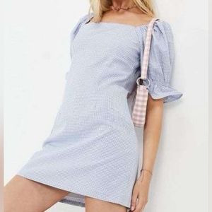 NWT Skylar Rose Square Neck Blue White Gingham Mini Dress Gathered Sleeves sz M